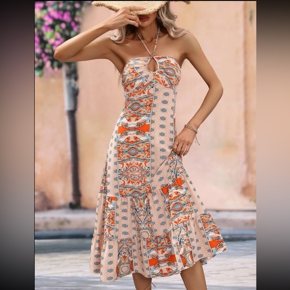 Boho Paisley Floral Print Tie Backless Ruched Bust Ruffle Hem Halter Dress - Picture 6 of 7